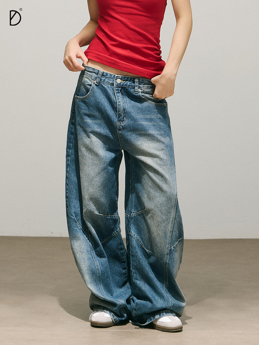 Washed Seam Design Wide Leg Denim Jeans NA8948