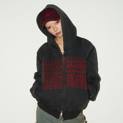 Embroidery Wash Damage Oversize Zipper Hoodie NA9070