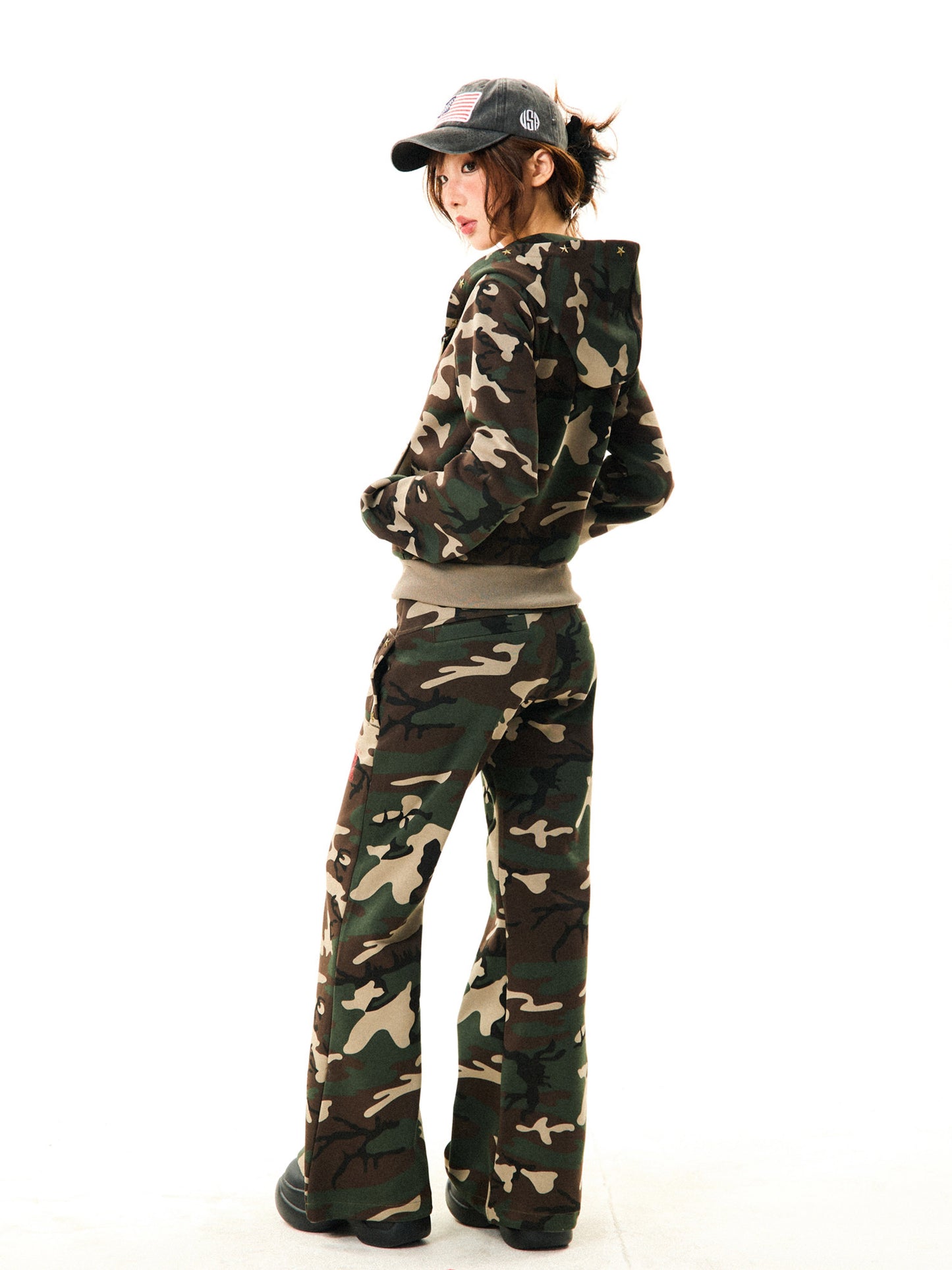 Camouflage Zipper Hoodie & Flare Pants Setup NA9339