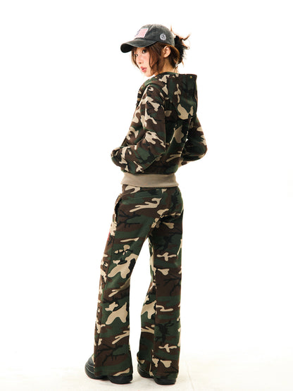 Camouflage Zipper Hoodie & Flare Pants Setup NA9339