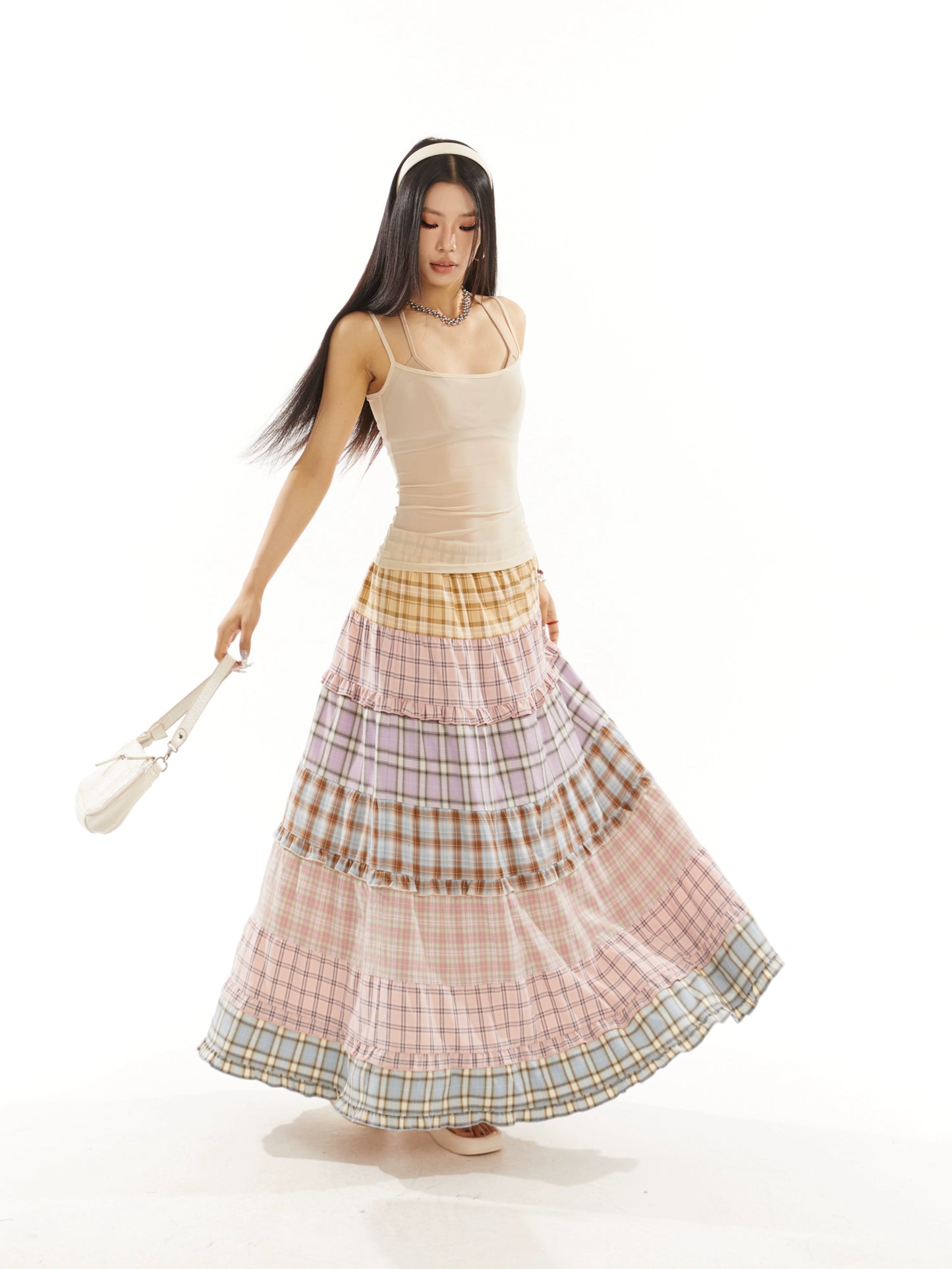 Patchwork Plaid Long Skirt NA3913