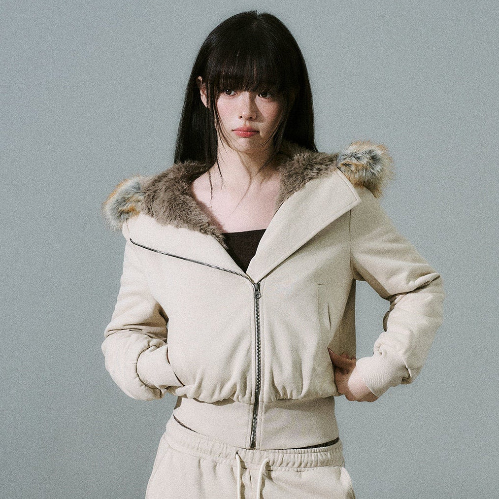 Fake Fur Hooded Zip-Up Jacket & Seatpants Setup NA8846