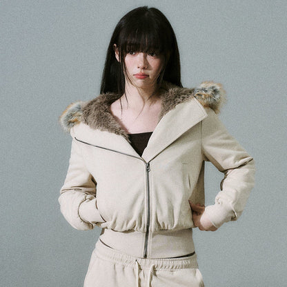 Fake Fur Hooded Zip-Up Jacket & Seatpants Setup NA8846