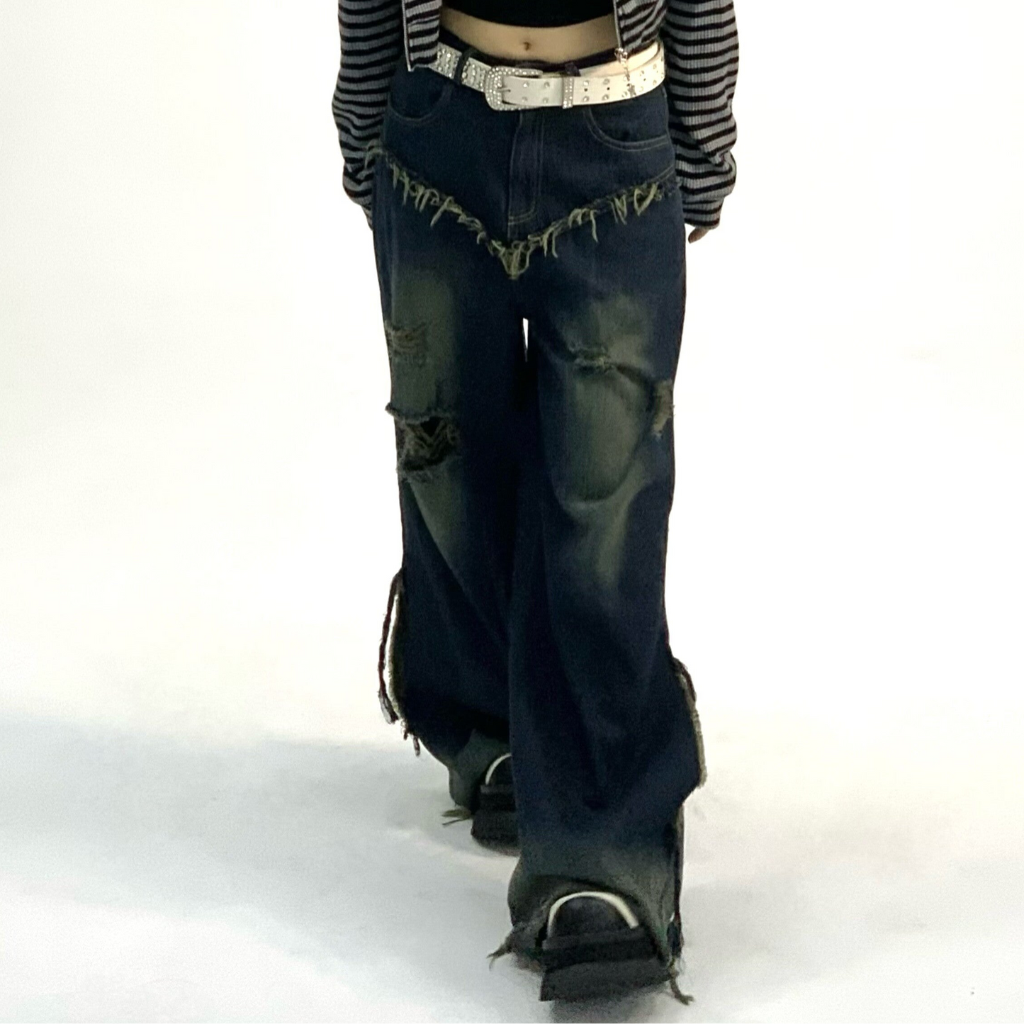 Washed Damage Fray Panel Wide Leg Denim Jeans NA9296