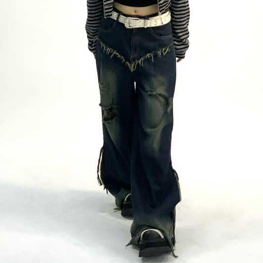 Washed Damage Fray Panel Wide Leg Denim Jeans NA9296