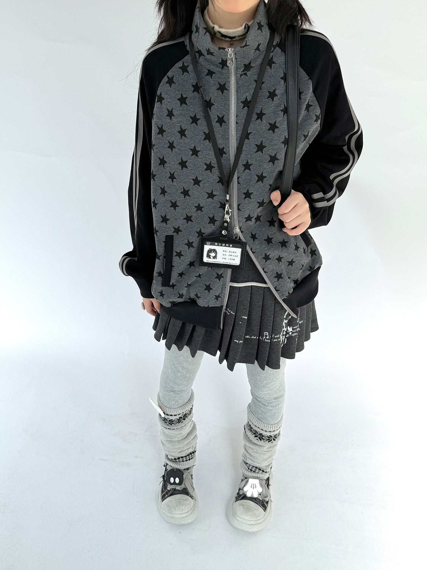 Star Print Double Zipper High-Neck Oversize Cardigan NA9277