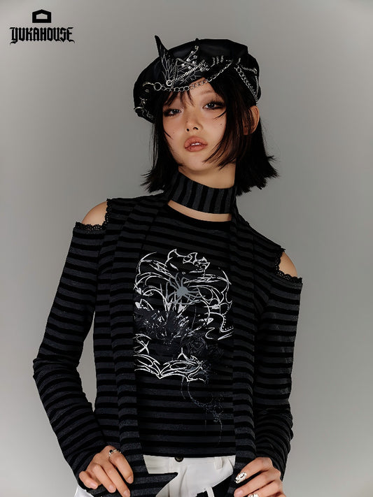 Stripe Graphic Print Cutout High-Neck Long Sleeve T-Shirt & Stripe Star Scarf NA9227