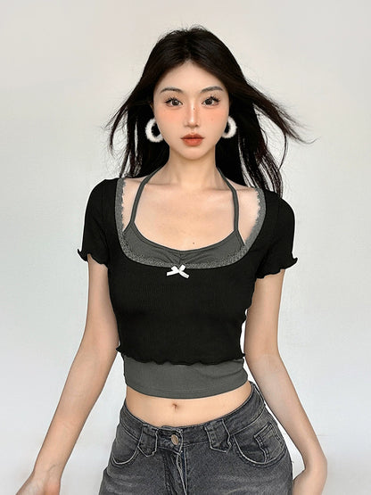 Lace Fake Layered Hanging Neck Short Sleeve T-shirt NA4507