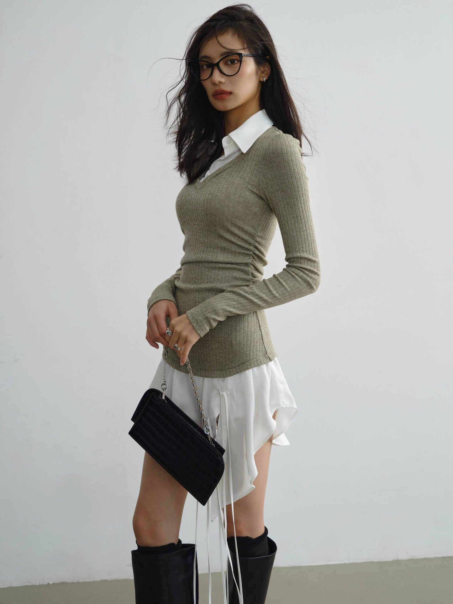 Fake Layered Irregular Hem Length Knit Shirt Dress NA5166