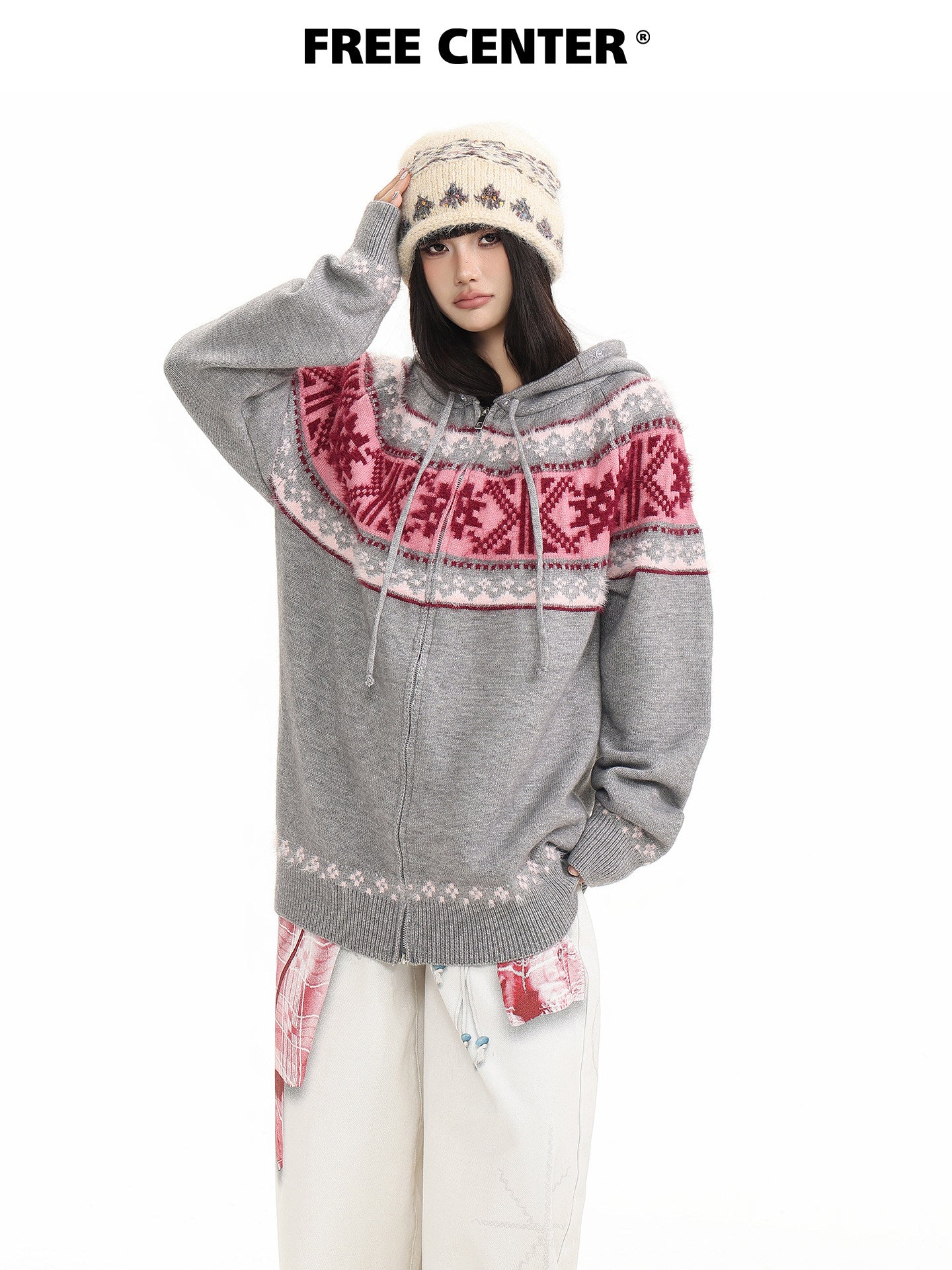 Fur Collar Fair Isle Hooded Knit Cardigan NA8868