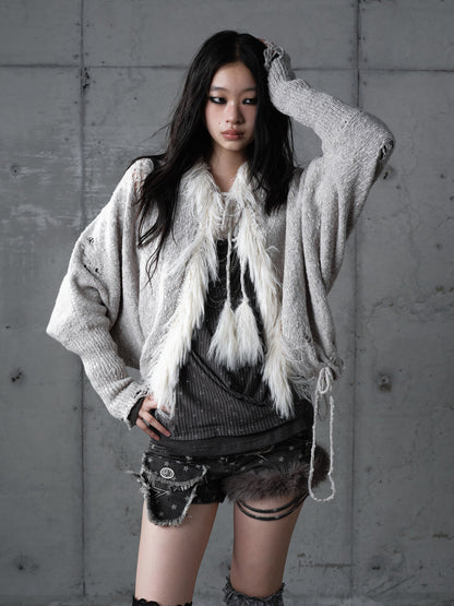 Fake Fur Trim Drawstring Oversize Knit Cardigan NA9005