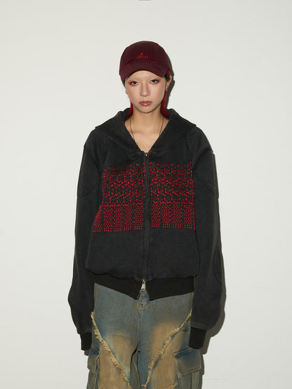 Embroidery Wash Damage Oversize Zipper Hoodie NA9070