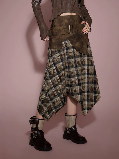 Plaid Asymmetric Hem Long Skirt NA6845