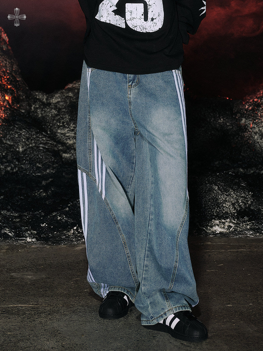 Stripe Line Washed Wide Leg Denim Jeans NA8941