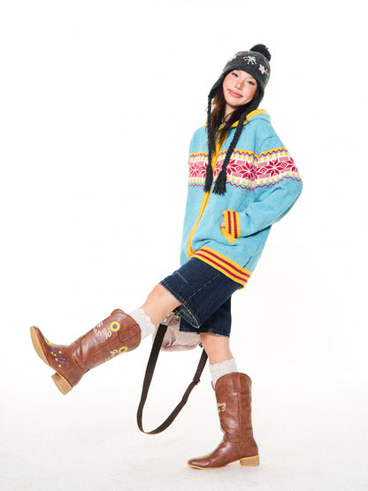 Contrast Pattern Hooded Knit Cardigan NA9340