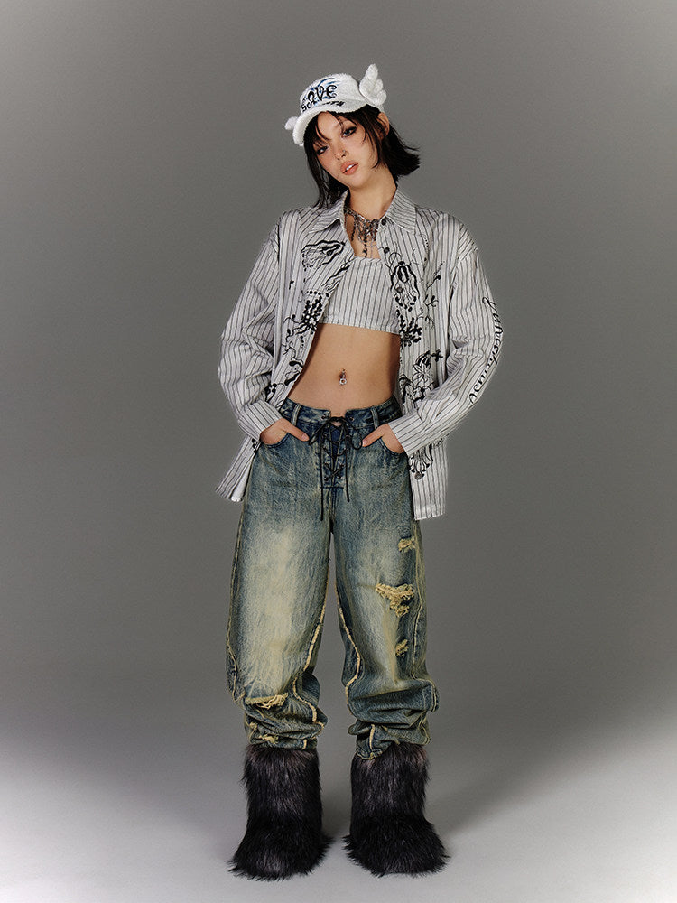 Washed Blue Damage Wide Leg Denim Jeans NA8878