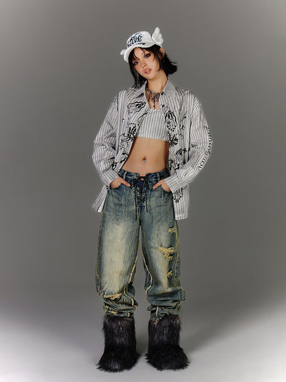 Washed Blue Damage Wide Leg Denim Jeans NA8878