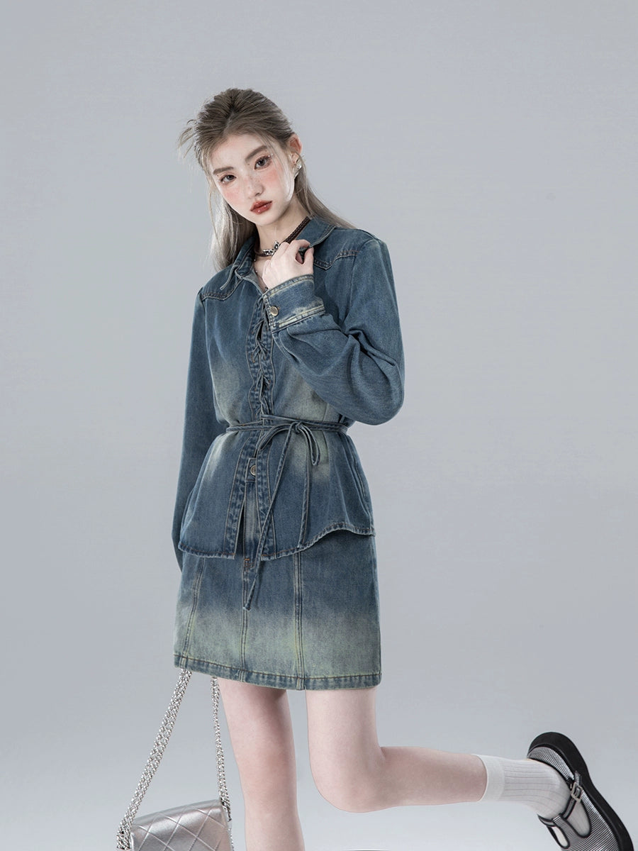 Gradient Contrast Edge Denim Shirt & Short Denim Skirt NA5576