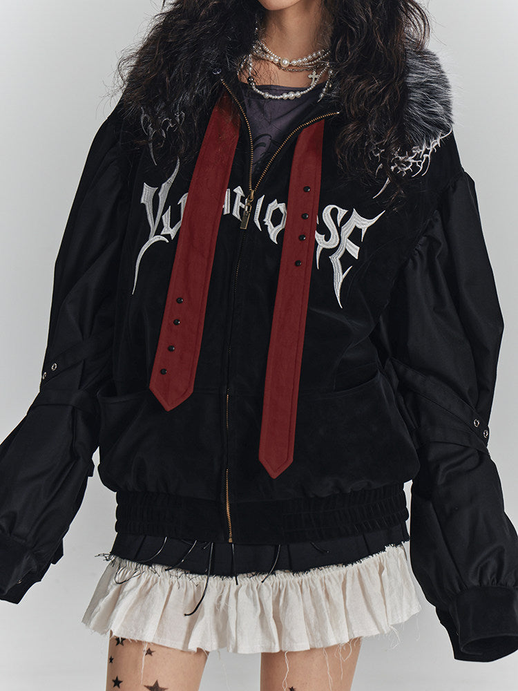 Embroidery Fur Collar Oversize Zipper Jacket NA8922