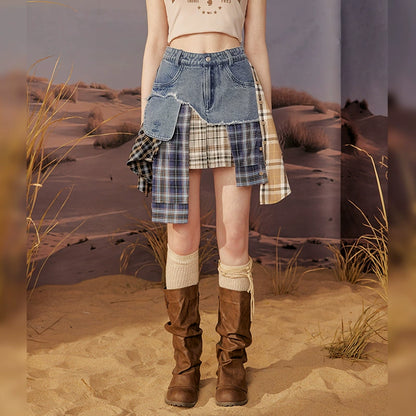 Patchwork Plaid Denim Short Skirt NA3510