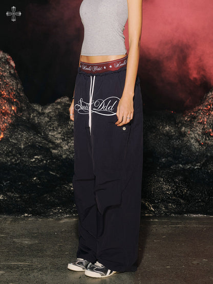 Double Waist Logo Print Drawstring Wide Leg Pants NA8935