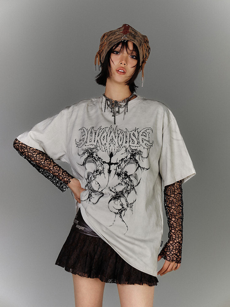 Washed Damage Oversize Short Sleeve T-Shirt & Spiderweb Mesh Long Sleeve Shirt NA8926