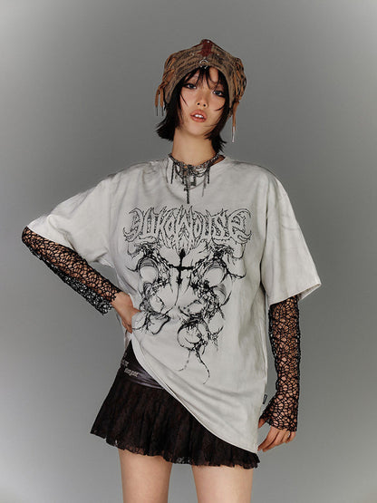 Washed Damage Oversize Short Sleeve T-Shirt & Spiderweb Mesh Long Sleeve Shirt NA8926