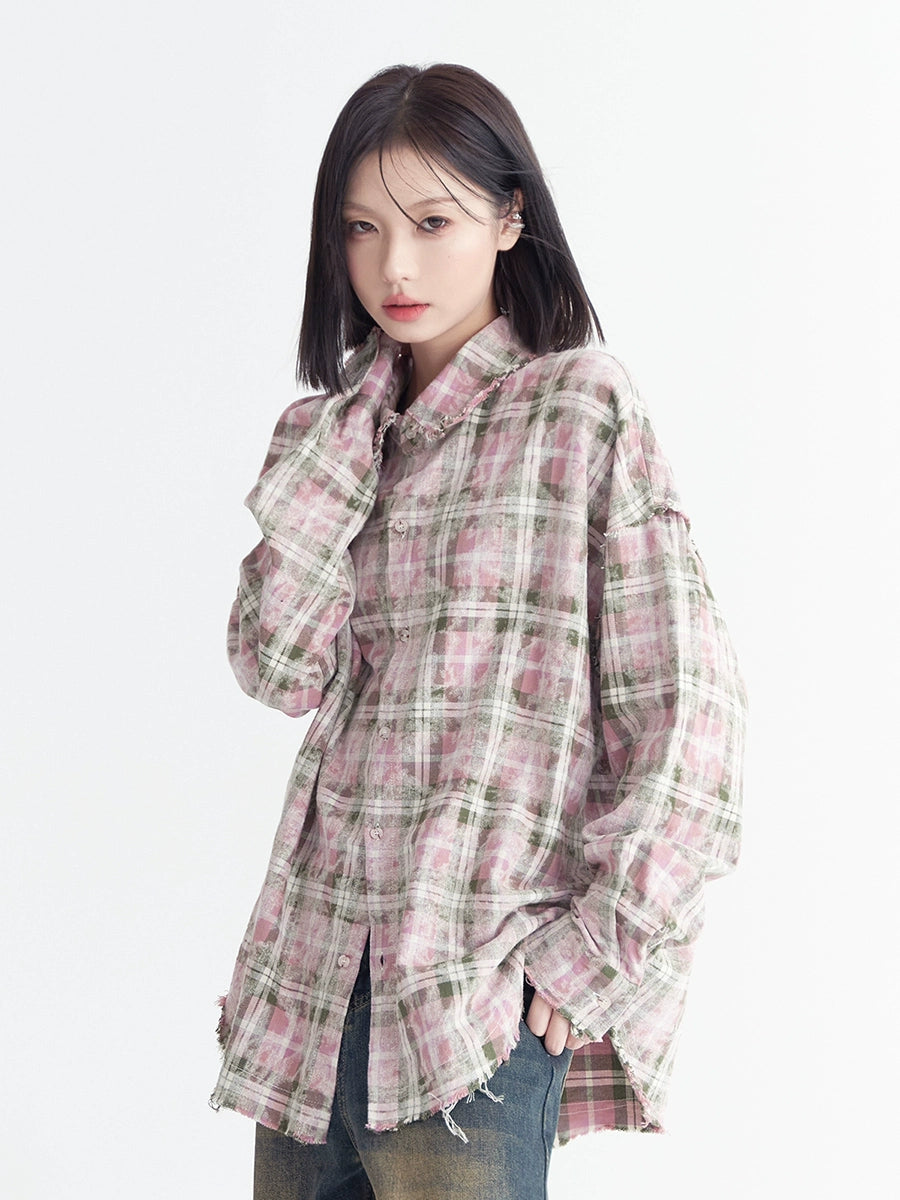 Oversize Pink Plaid Long Sleeve Shirt NA2731