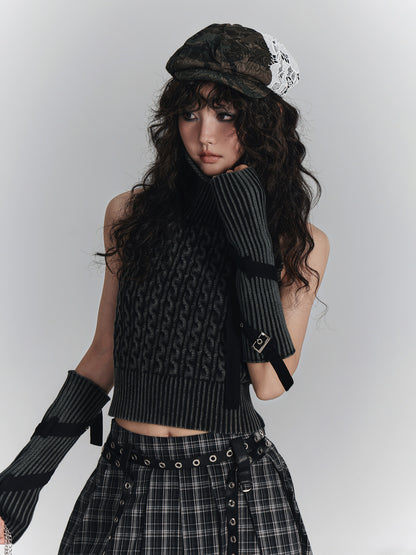 High-Neck Sleeveless Lace-Up Backless Knit Sweater & Arm Warmers NA8908