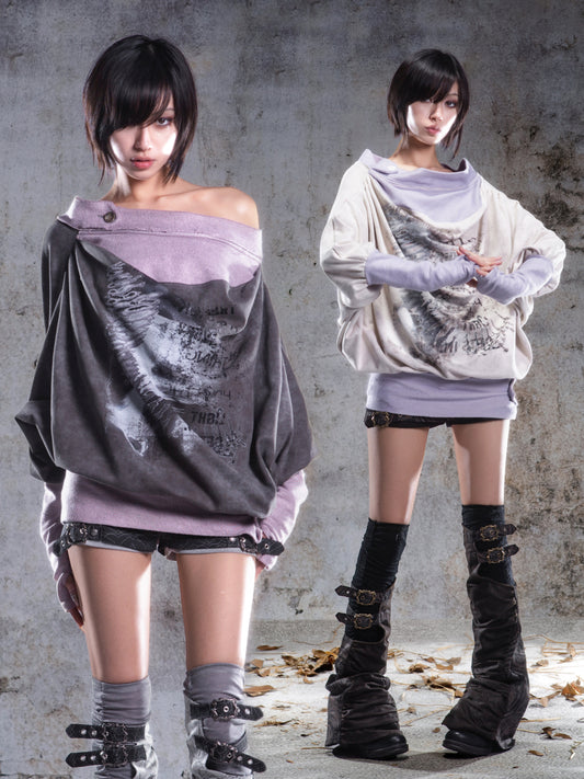 Original Fake Two-Piece Oversize Batwing Sleeve Floral Off-Shoulder Long Sleeve T-Shirts NA8353
