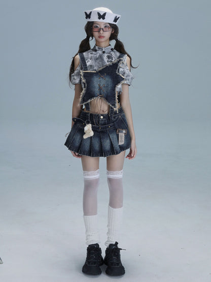 Detachable Washed Suspender Denim Short Skirt & Inner Shirts Set NA8554