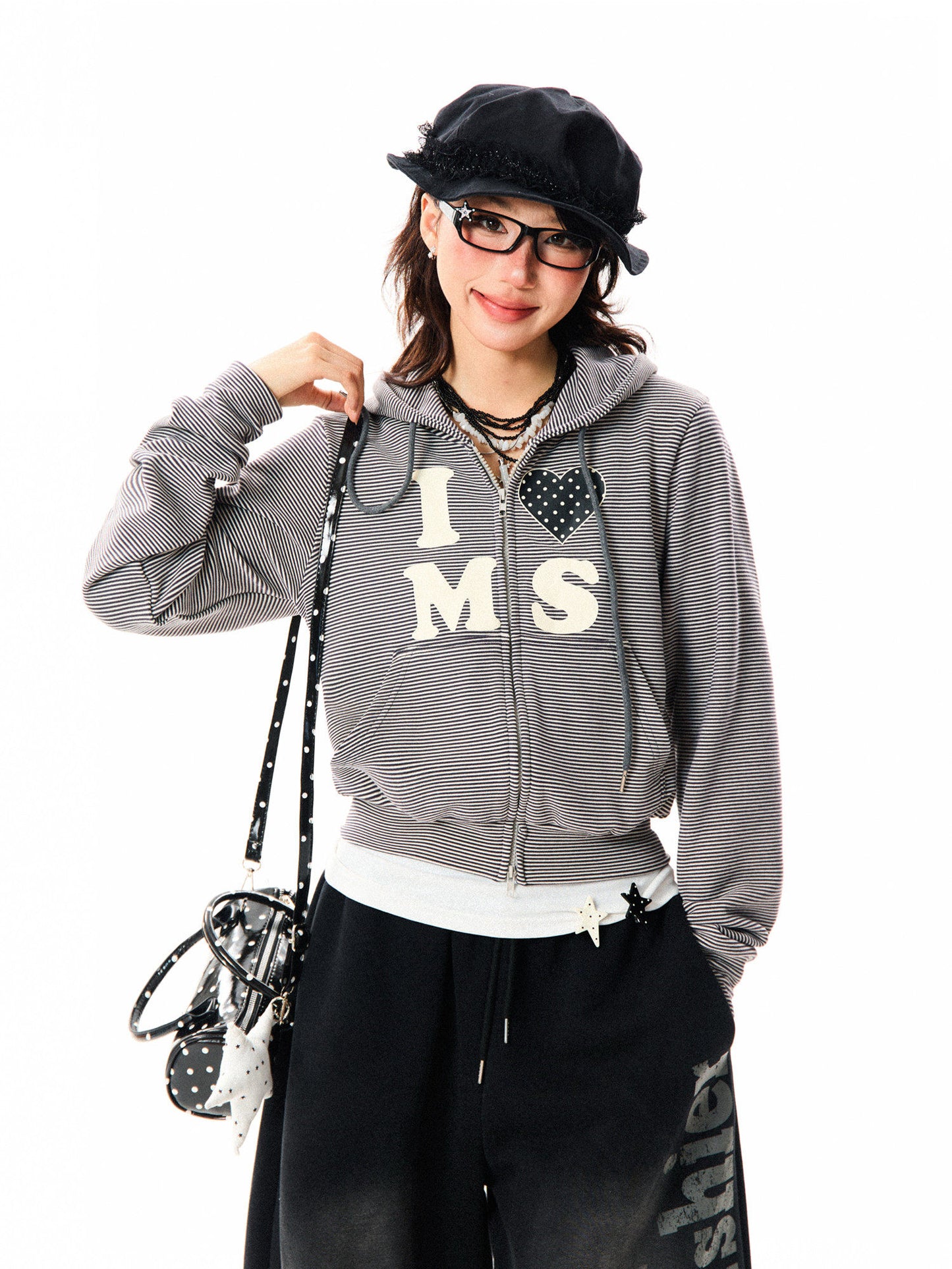 Heart Letter Print Stripe Cropped Zipper Hoodie NA9311