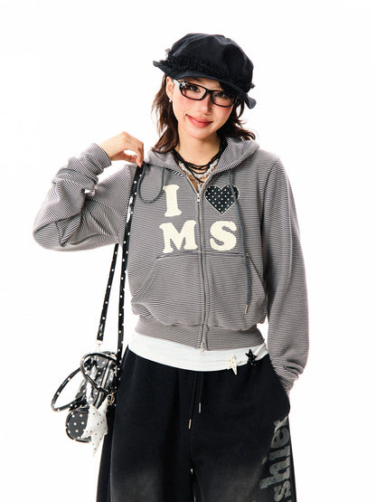 Heart Letter Print Stripe Cropped Zipper Hoodie NA9311