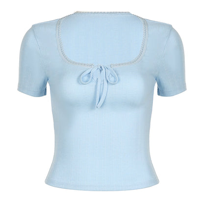 Square Neck Lace Jacquard Short Sleeve T-shirt NA4565