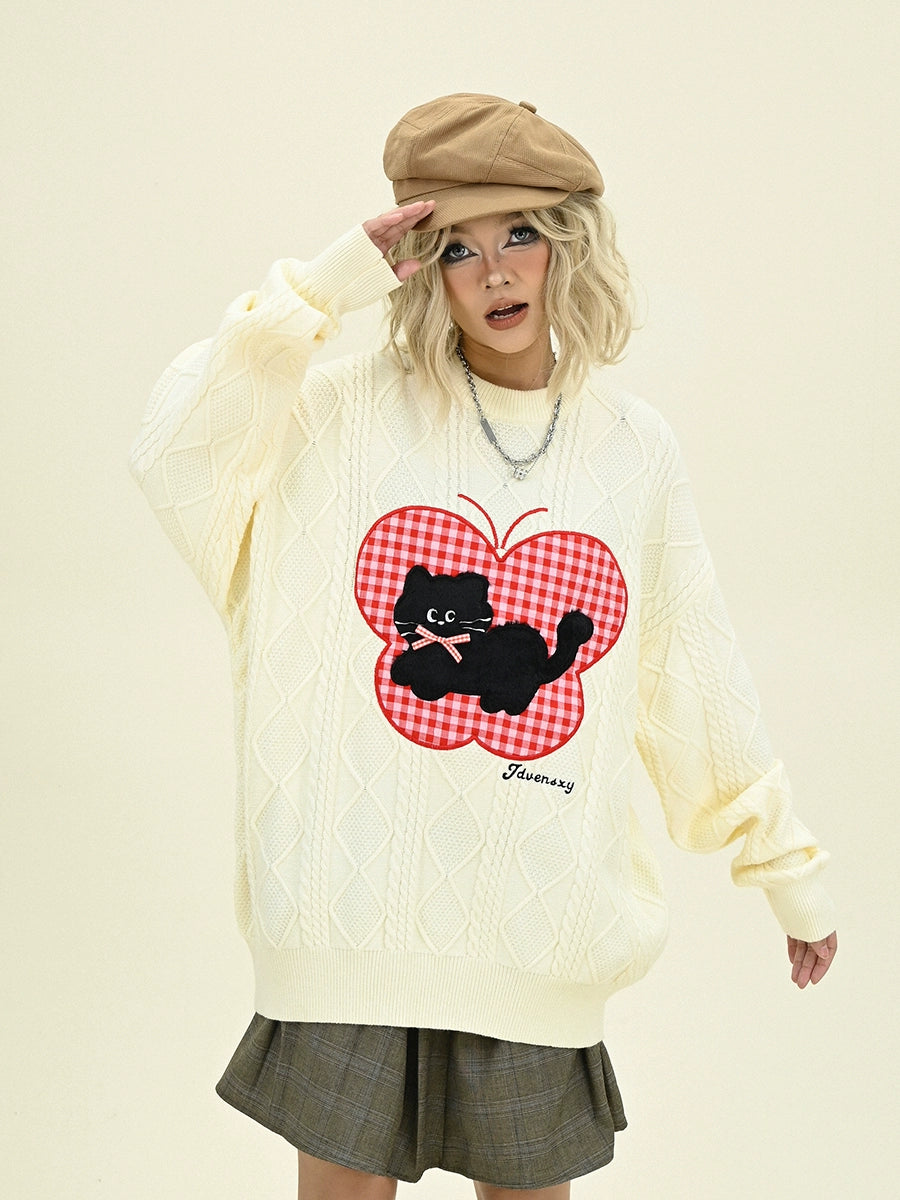 Plaid Cat Print Oversize Knit Sweater NA6472