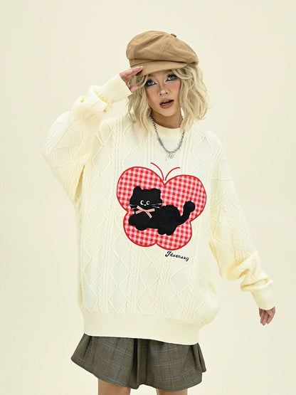 Plaid Cat Print Oversize Knit Sweater NA6472