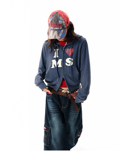 Heart Letter Print Stripe Cropped Zipper Hoodie NA9311