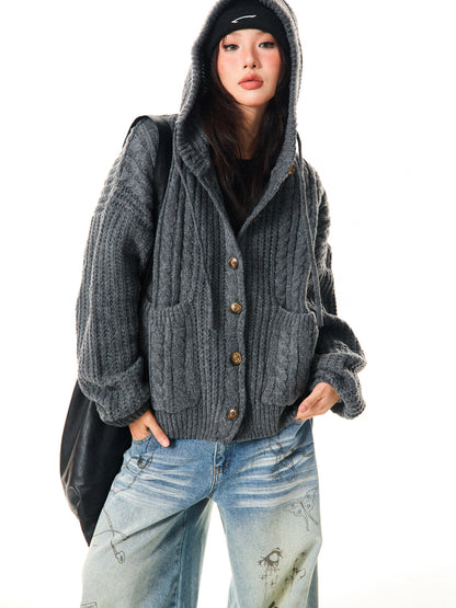 Hooded Button Oversize Cable Knit Cardigan NA9354