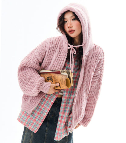 Chunky Knit Zipper Hooded Oversize Cardigan NA9356