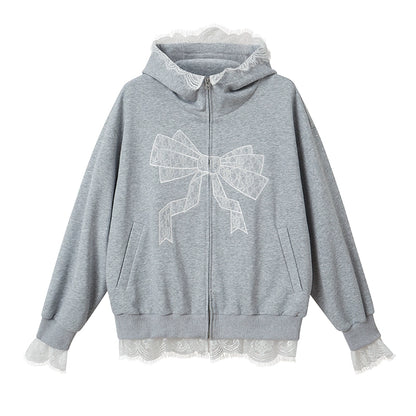 Bow Print Long Sleeve Zipper Hoodie NA5424