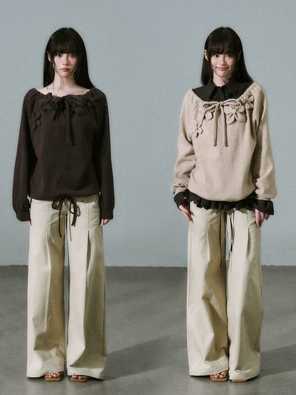 Handmade Flower Drawstring Wool Fake Layered Knit Sweater NA8802
