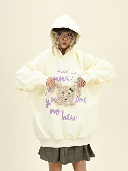 Oversize Fleece Little Dog Design Hoodie NA6296