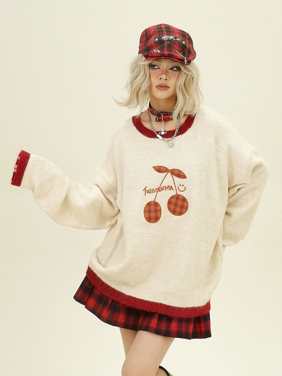 Cherry Embroidery Oversize Knit Sweater NA6350