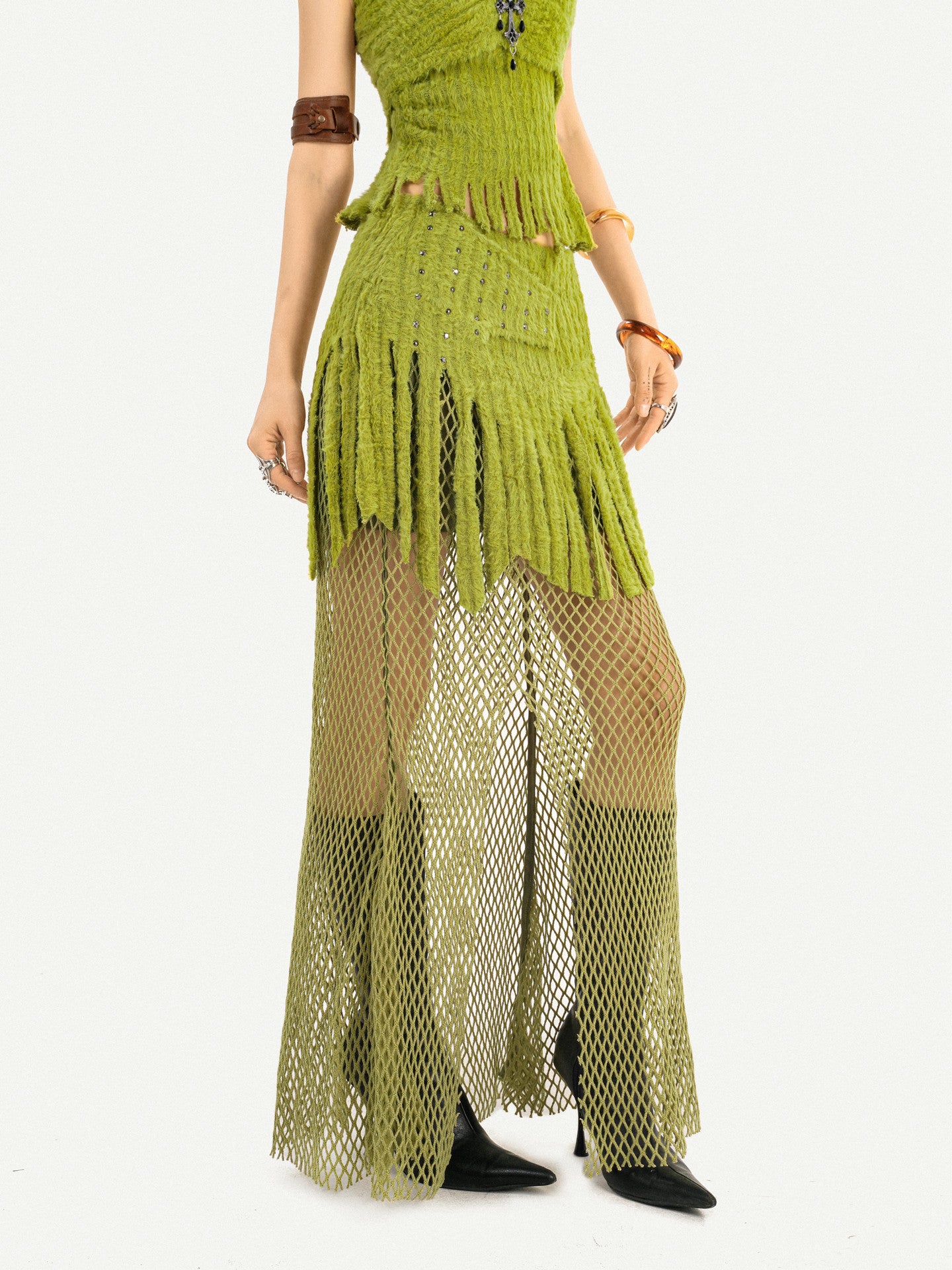 Fake Fur Patchwork Mesh Knit Cardigan & Tube Top & Mesh Long Skirt Setup NA8610