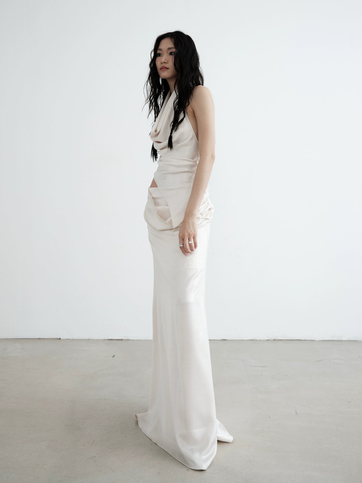 Pearl White Pleated Hanging Neck Camisole & Long Skirt Setup NA5225