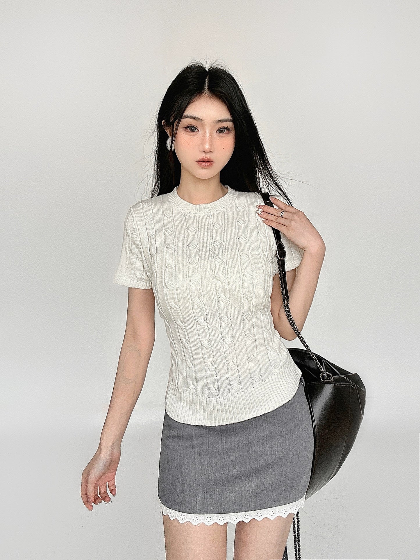 Round Neck Twists Short Sleeve Knit Sweater NA4545