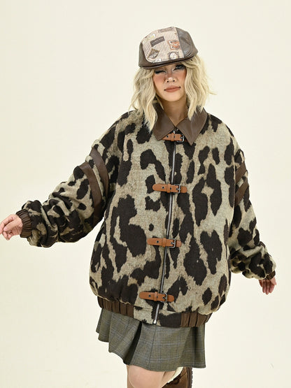 Leopard Print Oversize Thick Zipper Jacket NA6232