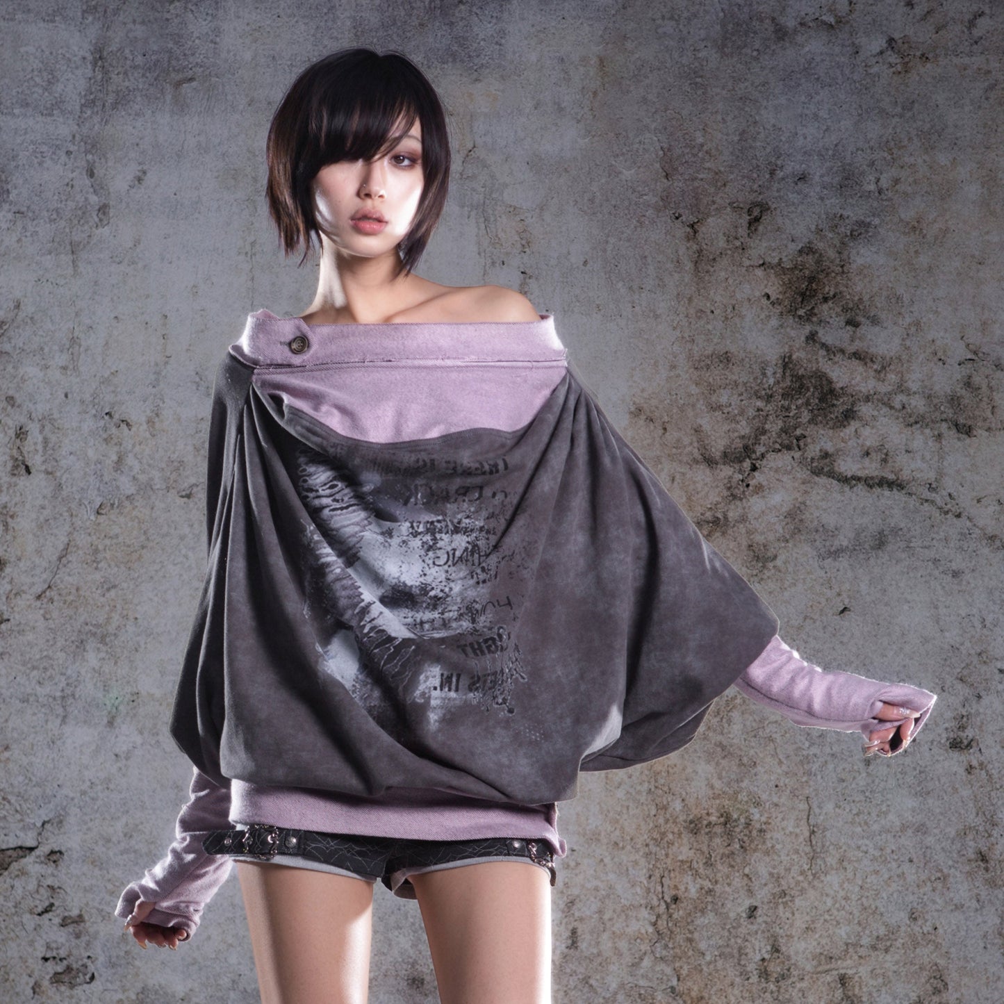 Original Fake Two-Piece Oversize Batwing Sleeve Floral Off-Shoulder Long Sleeve T-Shirts NA8353