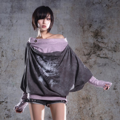 Original Fake Two-Piece Oversize Batwing Sleeve Floral Off-Shoulder Long Sleeve T-Shirts NA8353