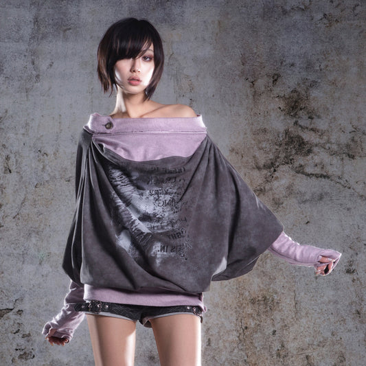 Original Fake Two-Piece Oversize Batwing Sleeve Floral Off-Shoulder Long Sleeve T-Shirts NA8353